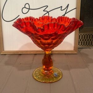 Vtg Fenton Thumbprint Amberina Ruffled Compote Pedestal Candy Dish